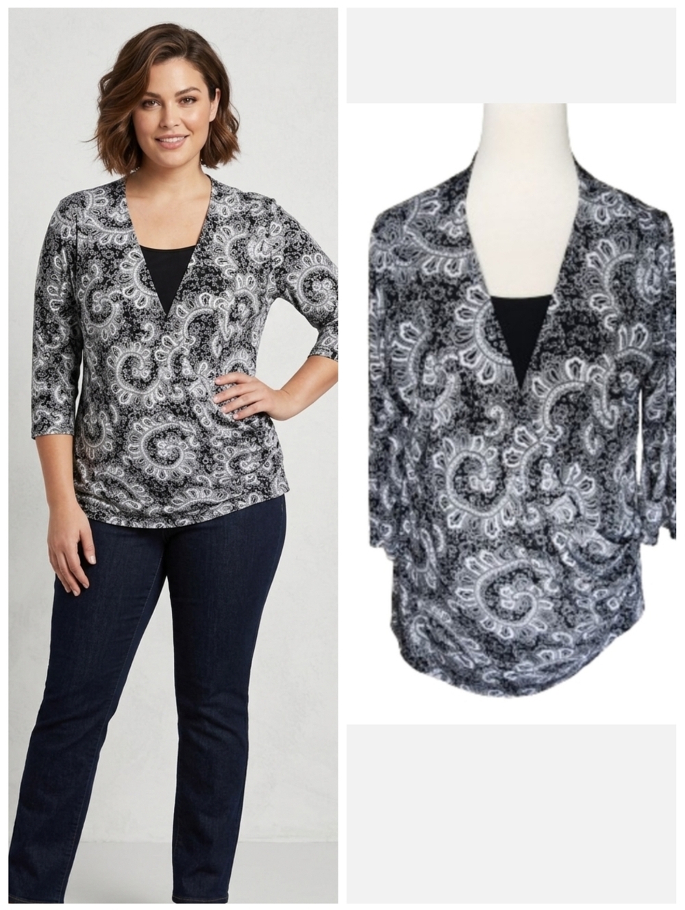 Covington Plus size black and white faux wrap paisley blouse  women's size 16/18